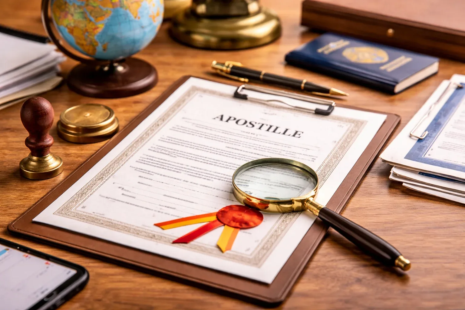 Prancheta com documento 'Apostille' e selo vermelho, lupa, carimbo e passaporte sobre mesa de madeira