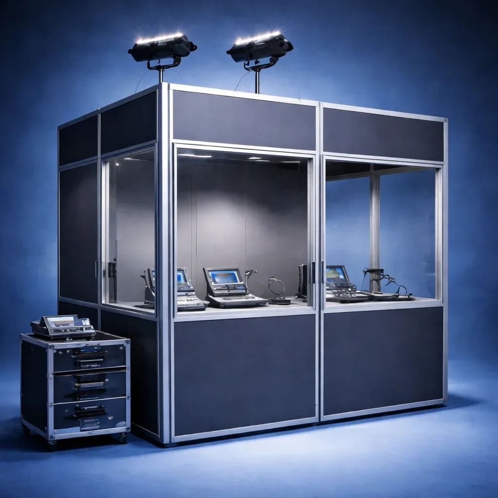 Cabine de interpretação simultânea com dois consoles de intérprete e baú de equipamentos ao lado
