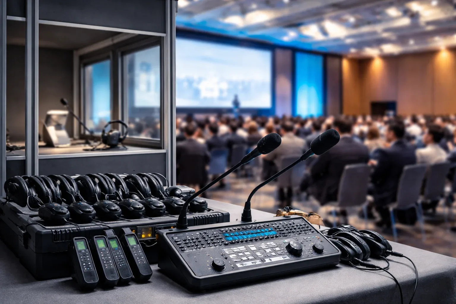 Equipamentos de tradução simultânea (receptores, headsets e mesa de controle) diante de plateia e cabine em evento