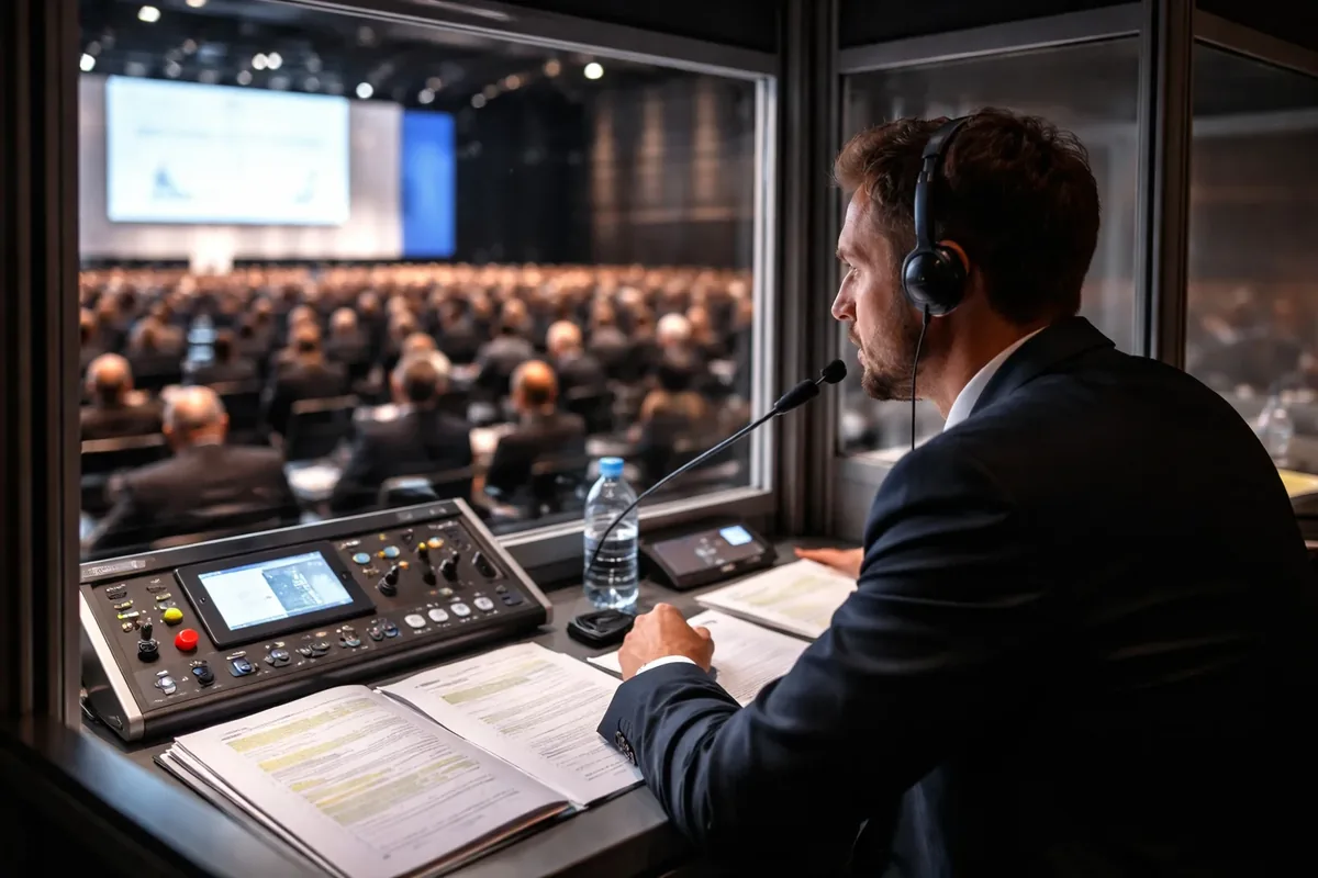 Intérprete com fone e microfone em cabine de interpretação simultânea diante da plateia de um congresso