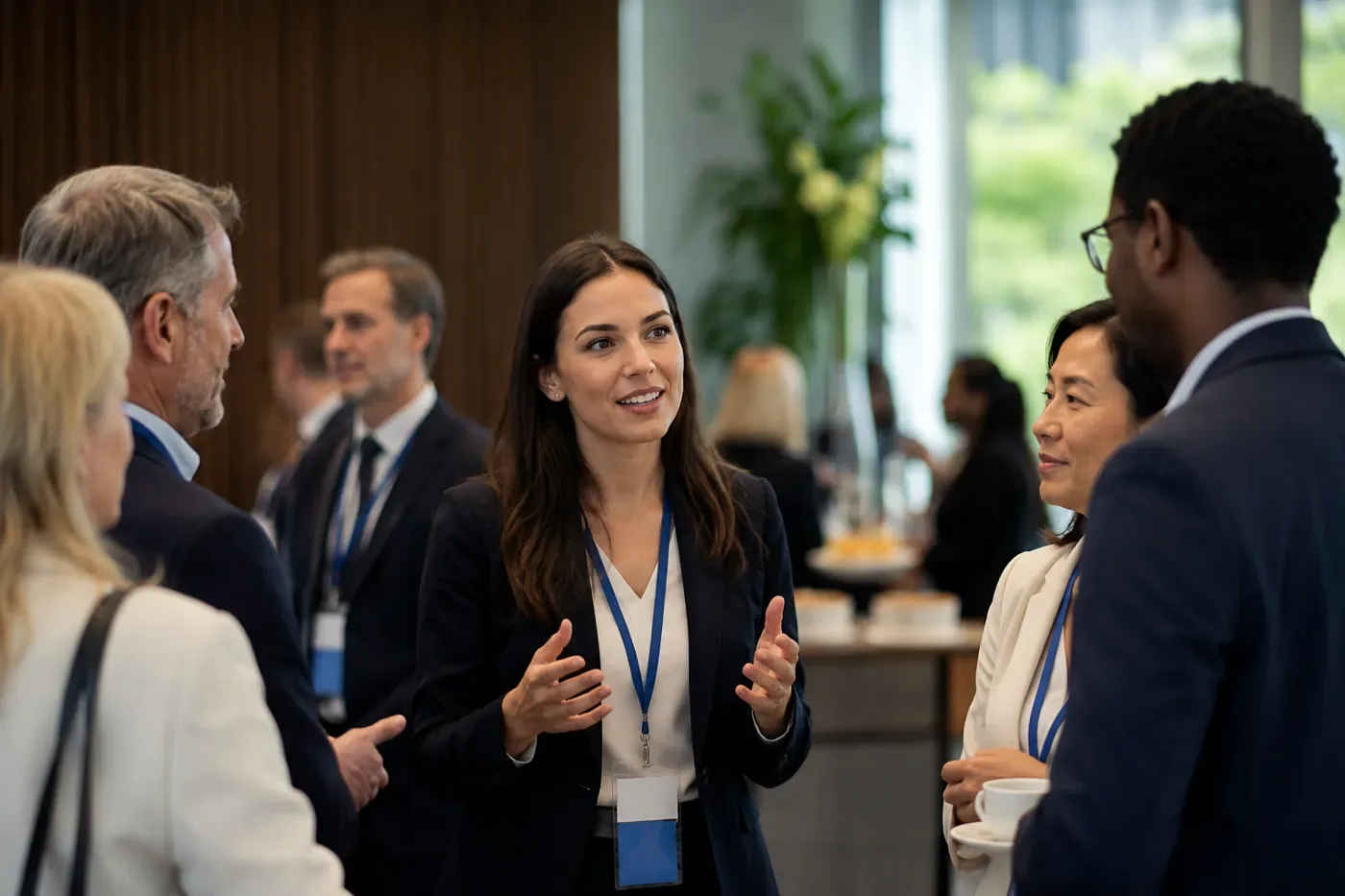 Intérprete com crachá conversa com participantes de um evento corporativo internacional