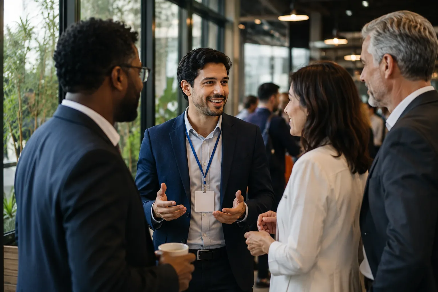 Profesionales conversando y sonriendo en un evento de negocios, uno con credencial, con interpretación español-portugués