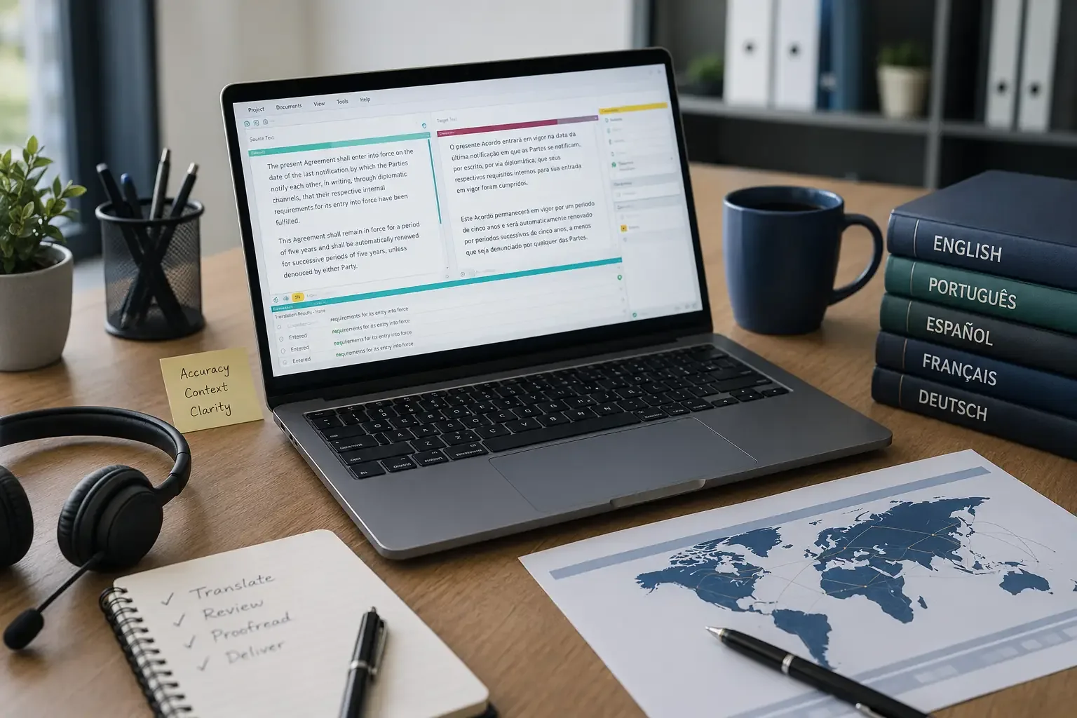 Notebook com editor de tradução bilíngue ao lado de dicionários, fone de ouvido e mapa-múndi na mesa