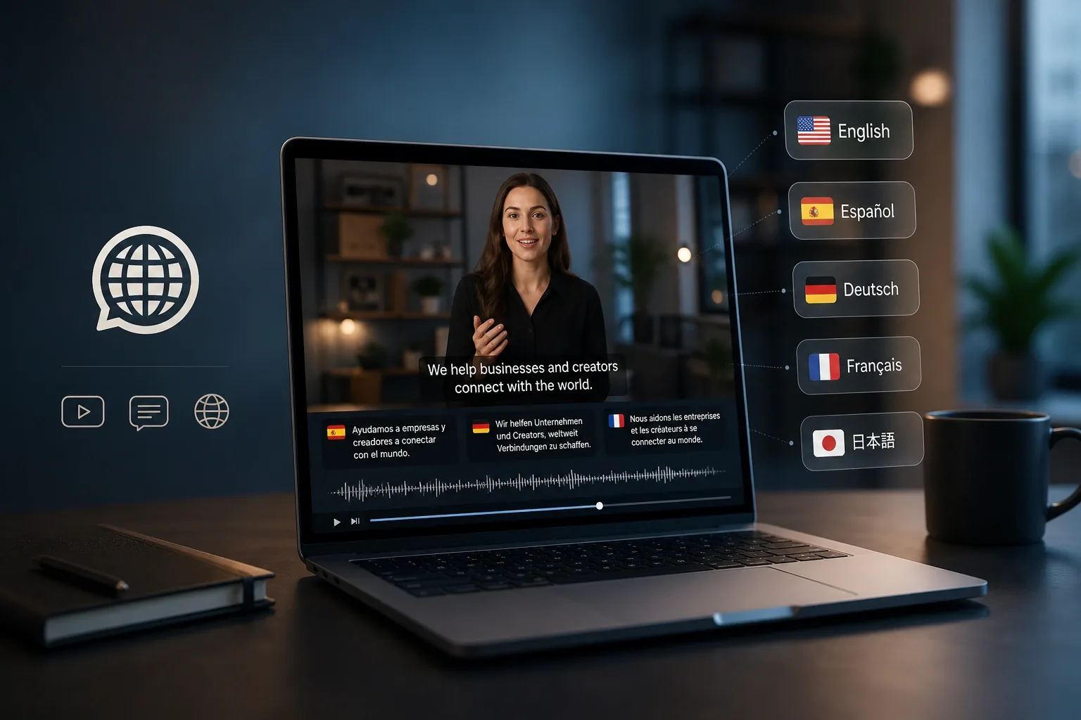 Notebook com vídeo de apresentadora e legendas em vários idiomas, ao lado de bandeiras e ícones de idiomas