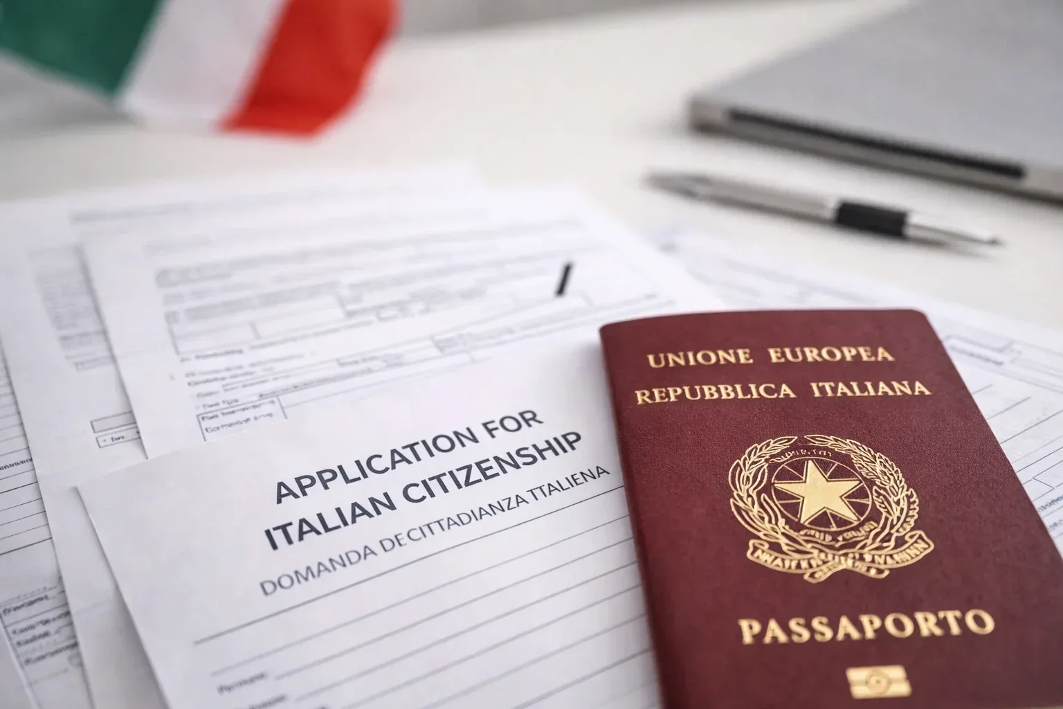 Pedido de cidadania italiana e passaporte da Itália sobre a mesa, documentos para cidadania por descendência