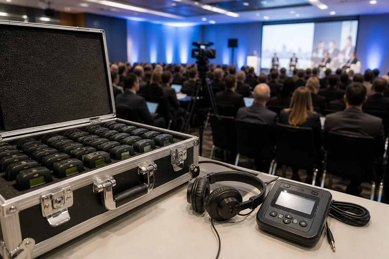 Maleta com receptores de tradução simultânea, fone e transmissor em frente à plateia de um evento corporativo