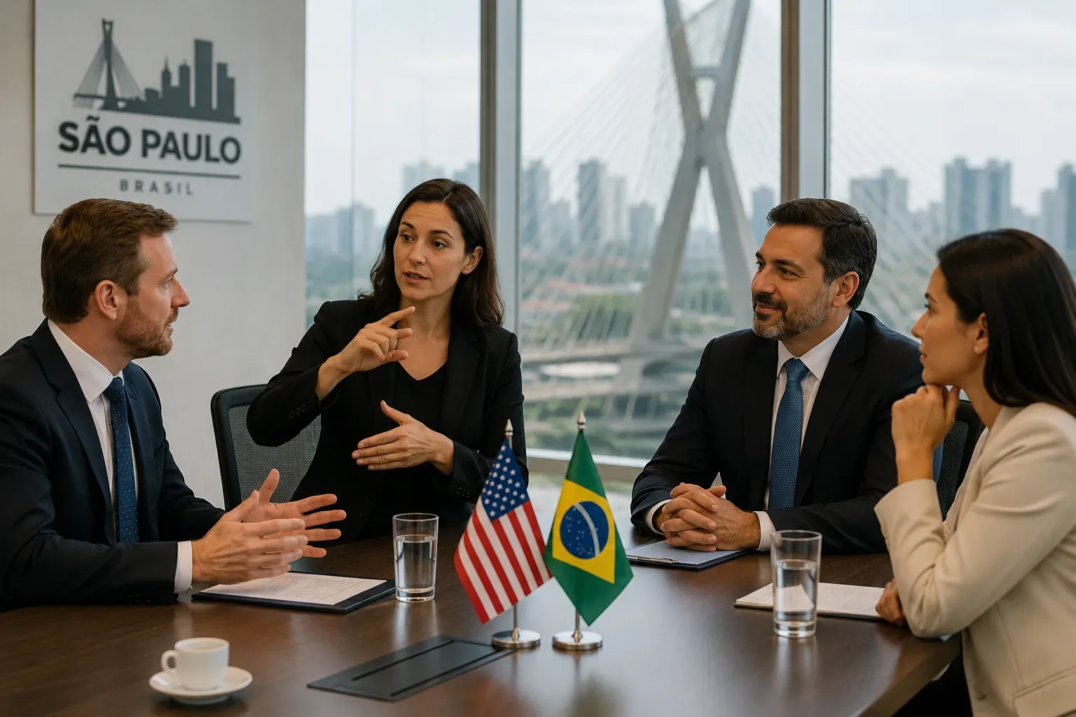 Business meeting in São Paulo with an interpreter, executives and Brazilian and US flags on the table