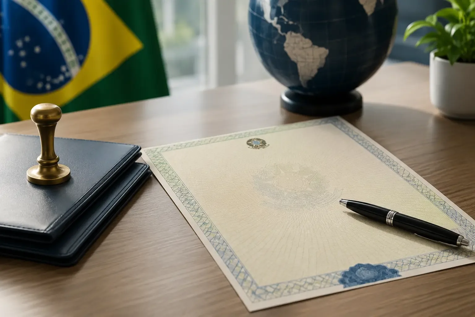 Certidão com brasão, selo dourado e caneta sobre mesa, com bandeira do Brasil e globo ao fundo, para tradução de certidão