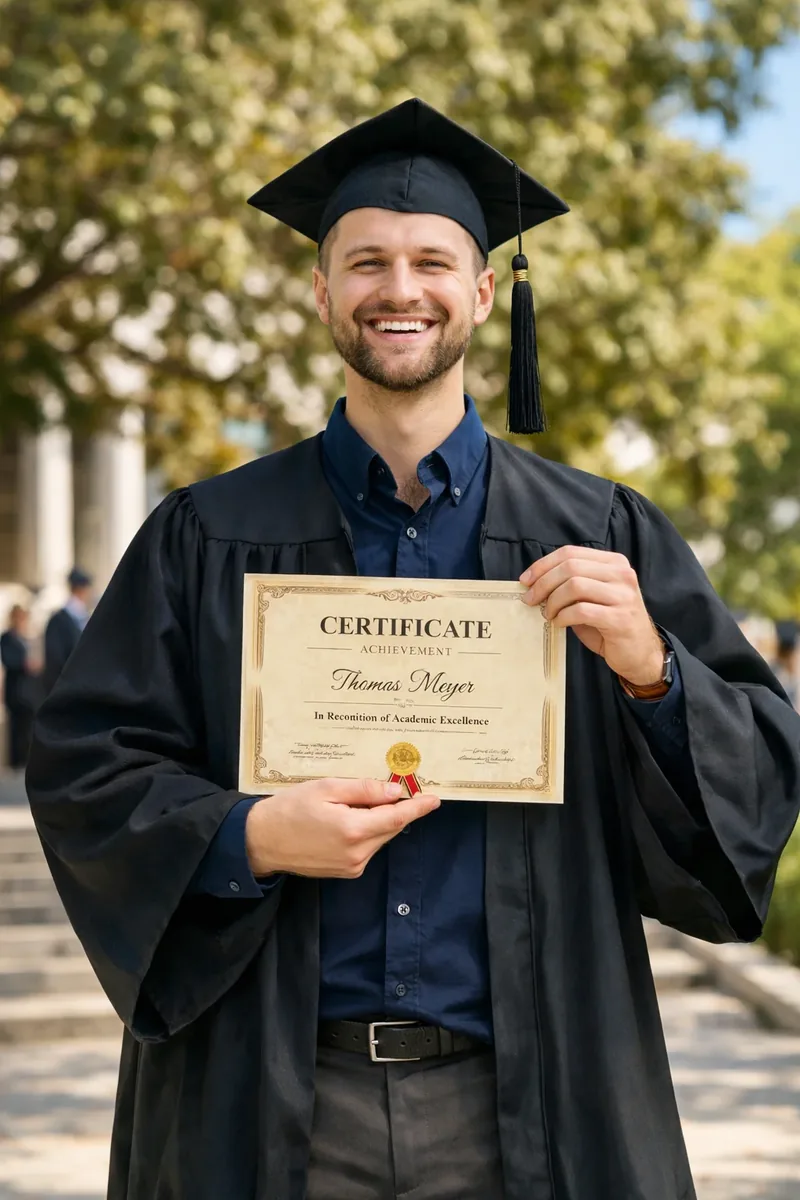 Formando de beca segurando o diploma, documento que costuma ser traduzido junto com o histórico escolar
