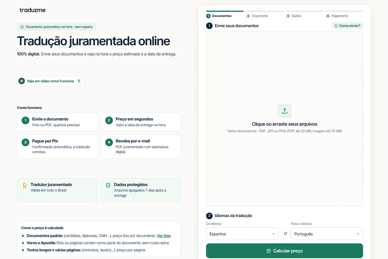 Tela do orçamento online da traduzme com o campo de envio de documentos e a tradução do espanhol para o português selecionada