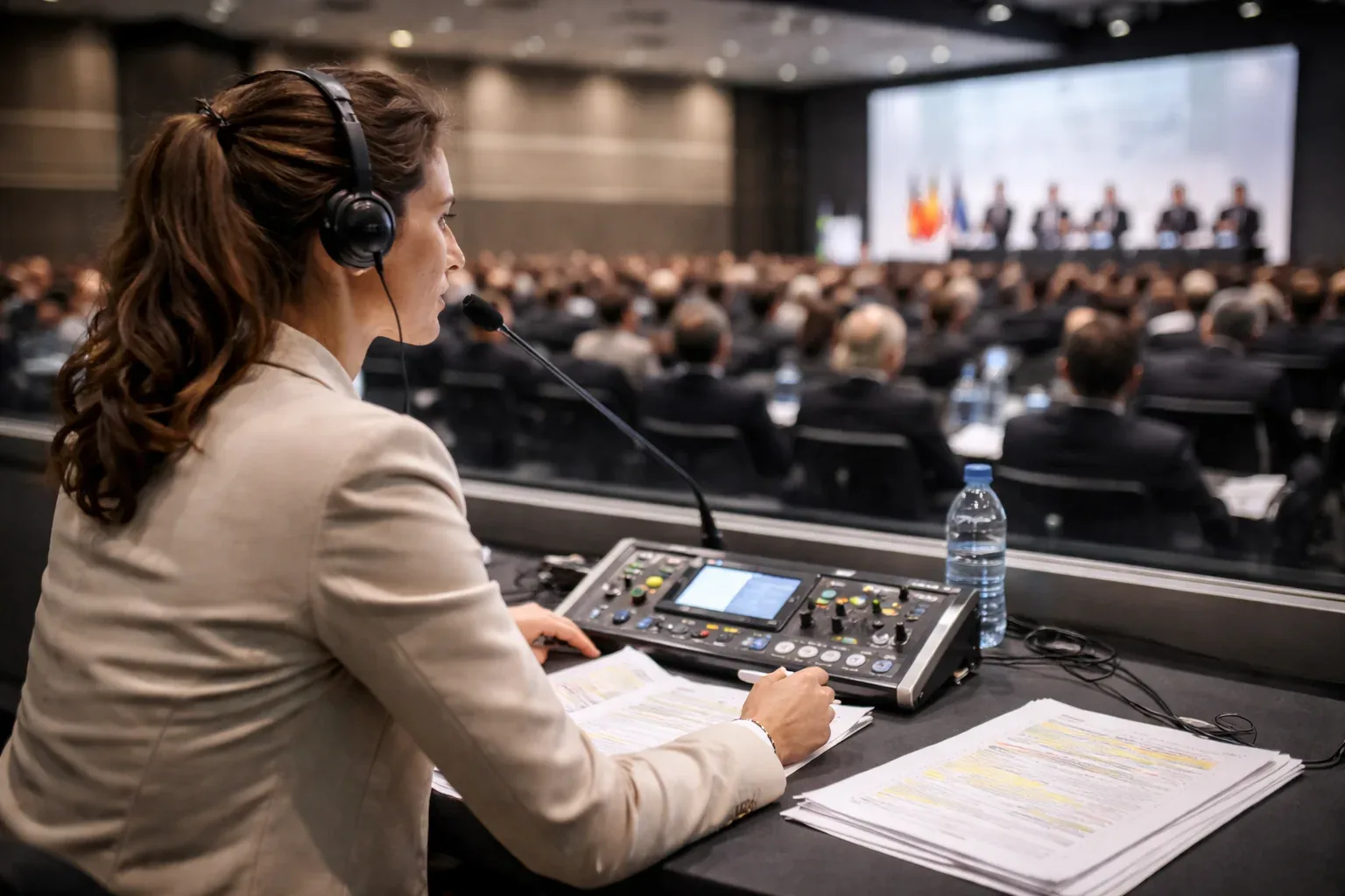 Intérprete de fone e microfone operando console de tradução simultânea diante da plateia de evento corporativo